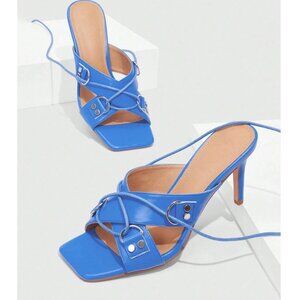 Shein Blue Studded Criss Cross Biker Heels sz8 NWT